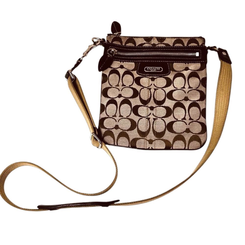 Coach 42910 Tan Brown Signature Canvas Brown Leather Detail Crossbody Bag